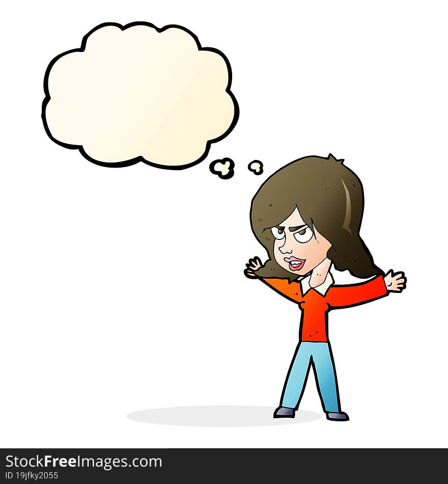 cartoon woman gesturing with thought bubble