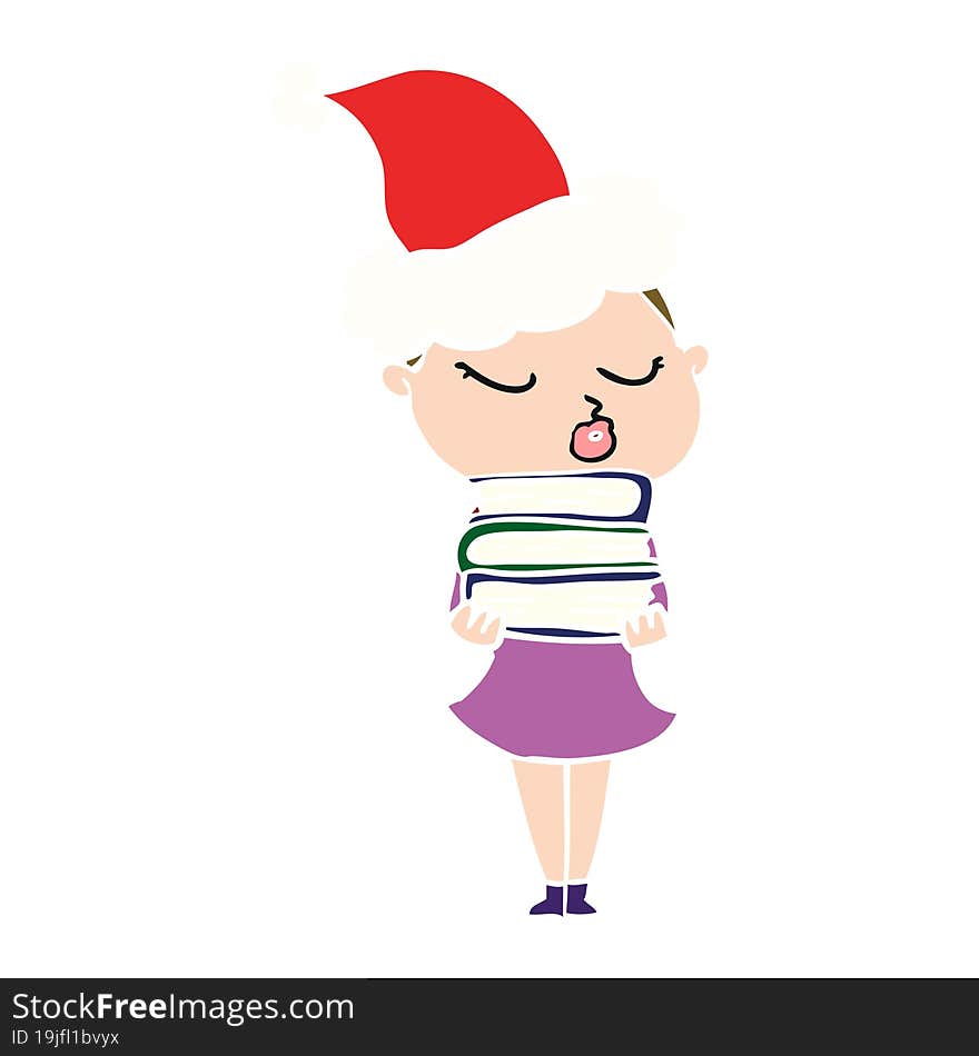 hand drawn flat color illustration of a calm woman wearing santa hat