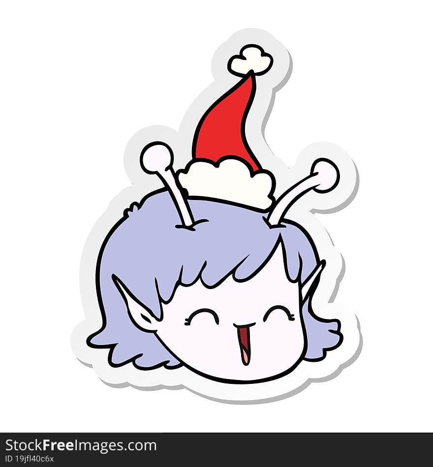 hand drawn sticker cartoon of a alien space girl face wearing santa hat