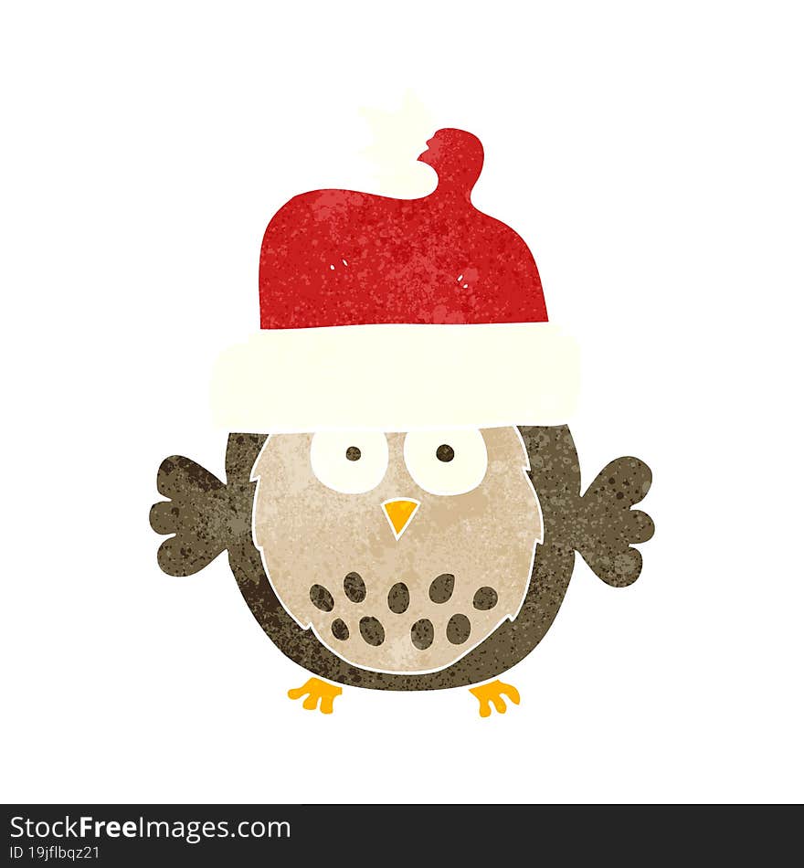 retro cartoon owl wearing christmas hat