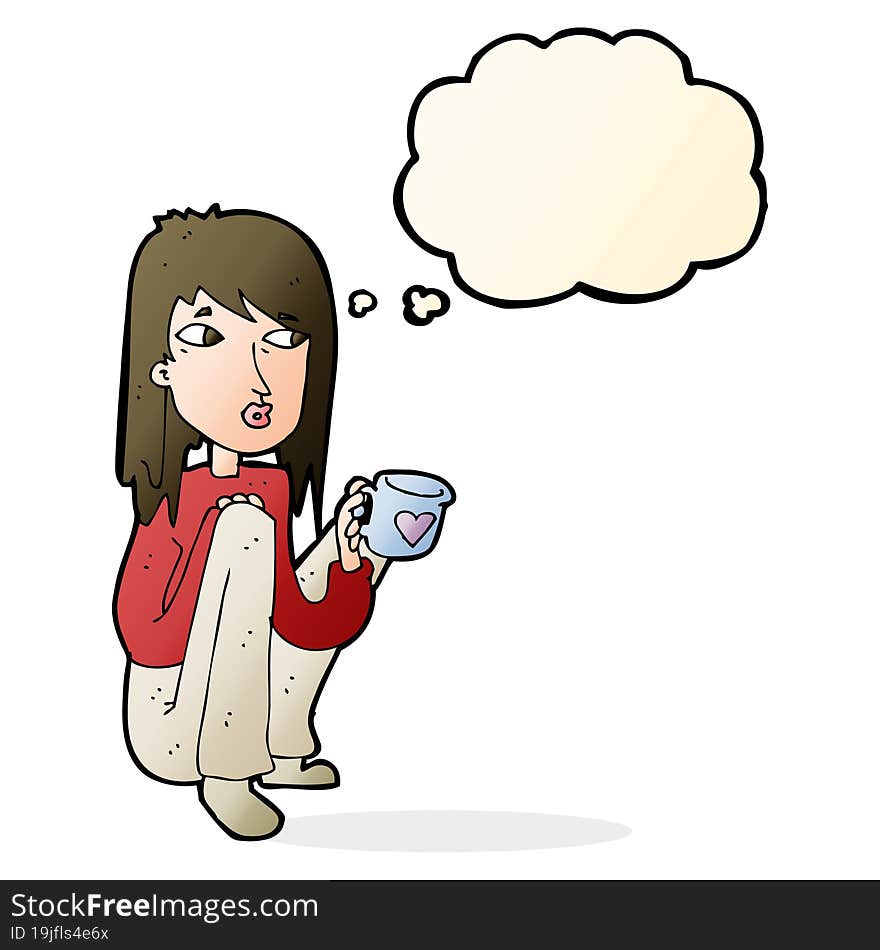 cartoon woman sitting with cup of coffee with thought bubble