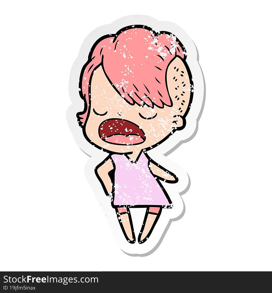 Distressed Sticker Of A Cartoon Cool Hipster Girl Talking