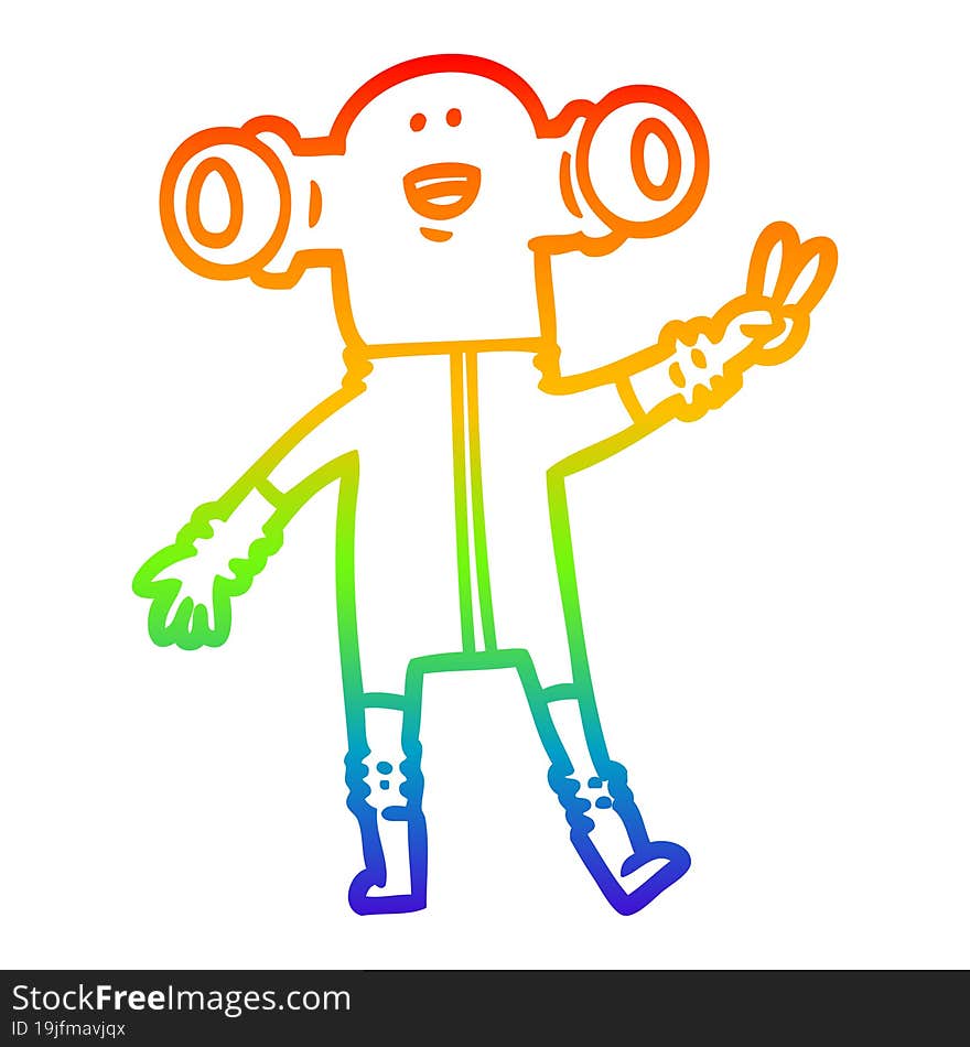 rainbow gradient line drawing of a friendly cartoon alien giving peace sign