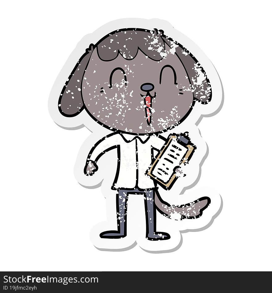 distressed sticker of a cute cartoon dog wearing office shirt