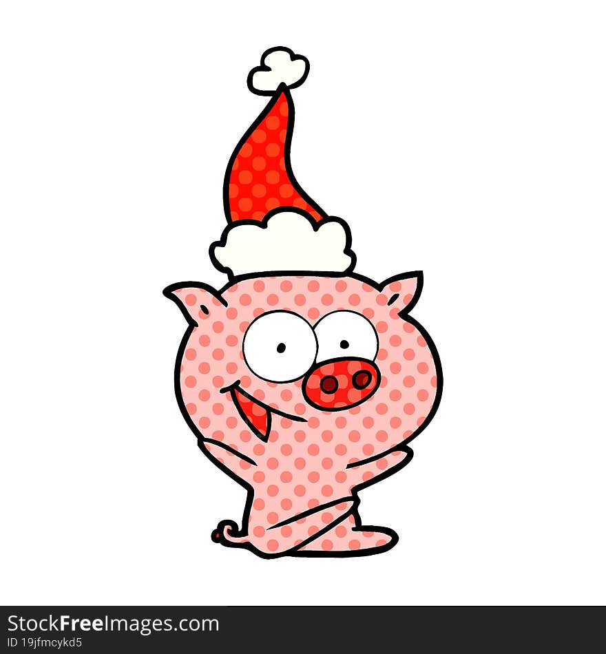 cheerful sitting pig comic book style illustration of a wearing santa hat