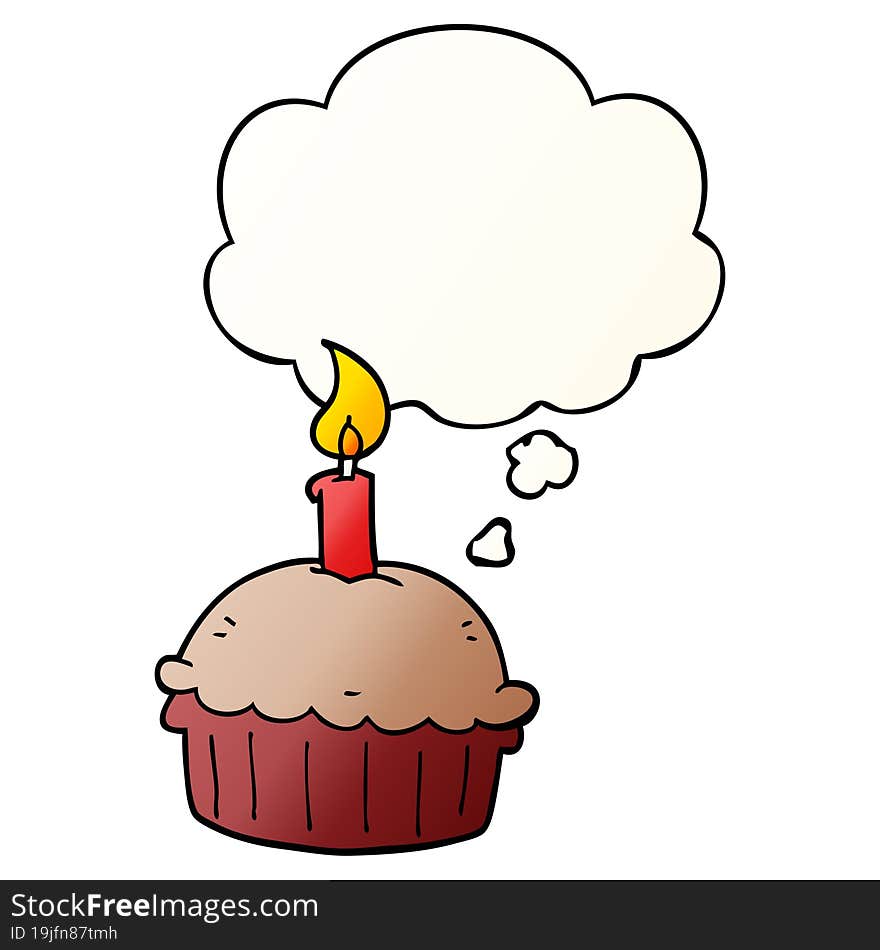 cartoon birthday cupcake and thought bubble in smooth gradient style