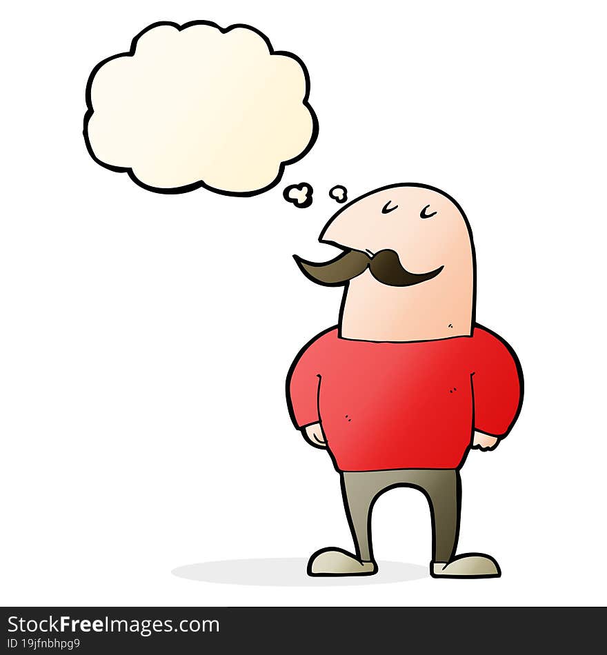 cartoon bald man with mustache with thought bubble