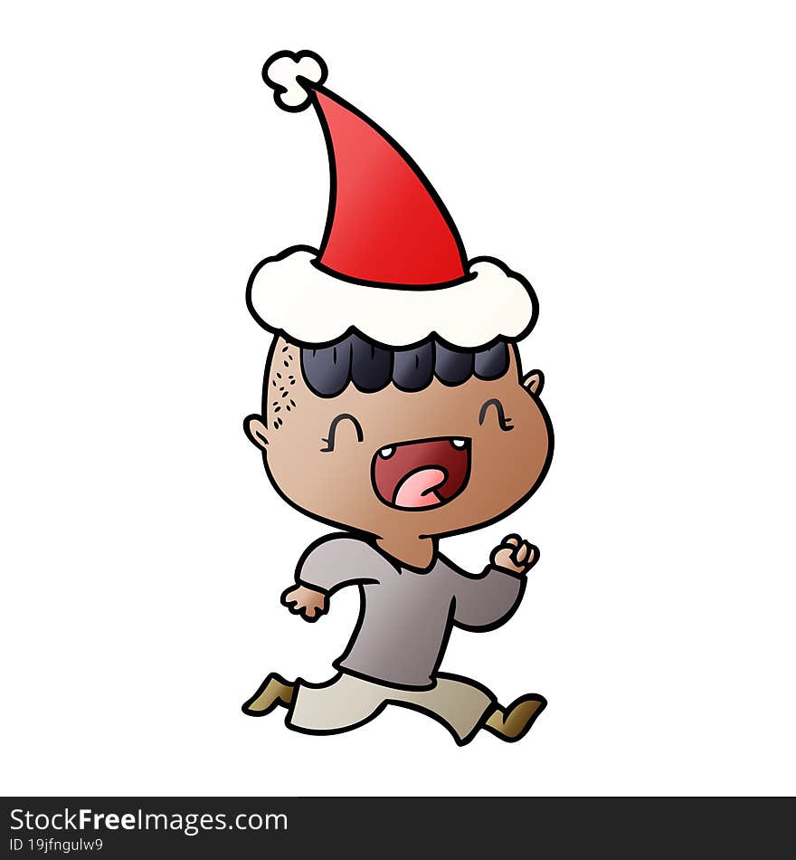 gradient cartoon of a happy boy laughing and running away wearing santa hat