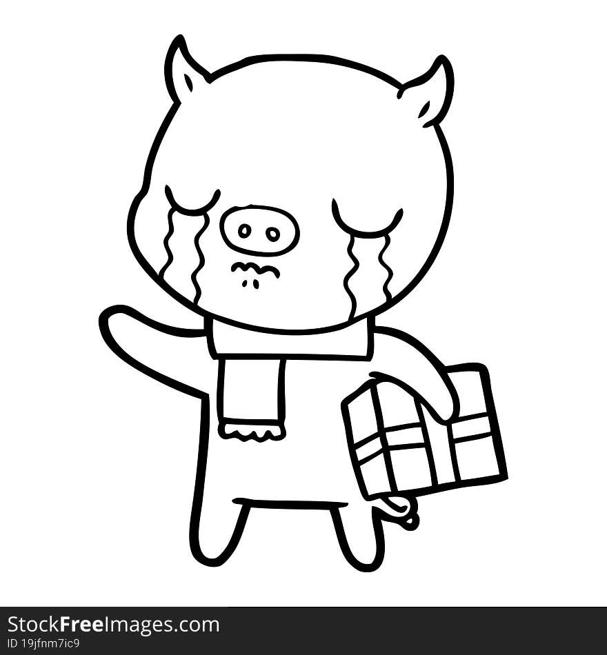 cartoon pig crying over christmas present. cartoon pig crying over christmas present