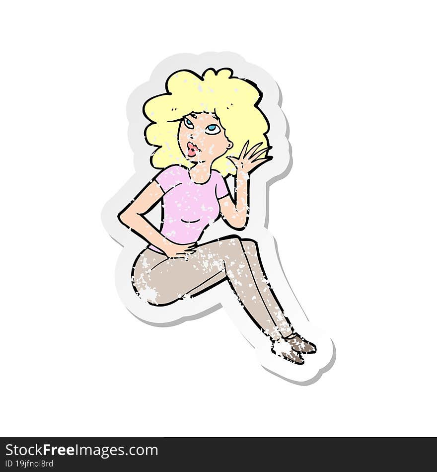 retro distressed sticker of a cartoon woman listening
