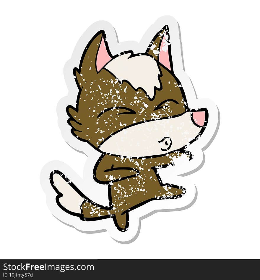 distressed sticker of a cartoon wolf whistling