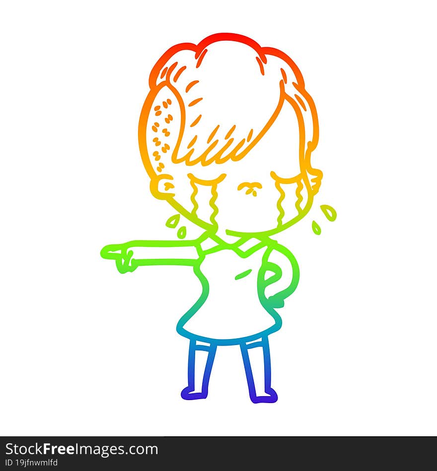 rainbow gradient line drawing cartoon crying girl pointing