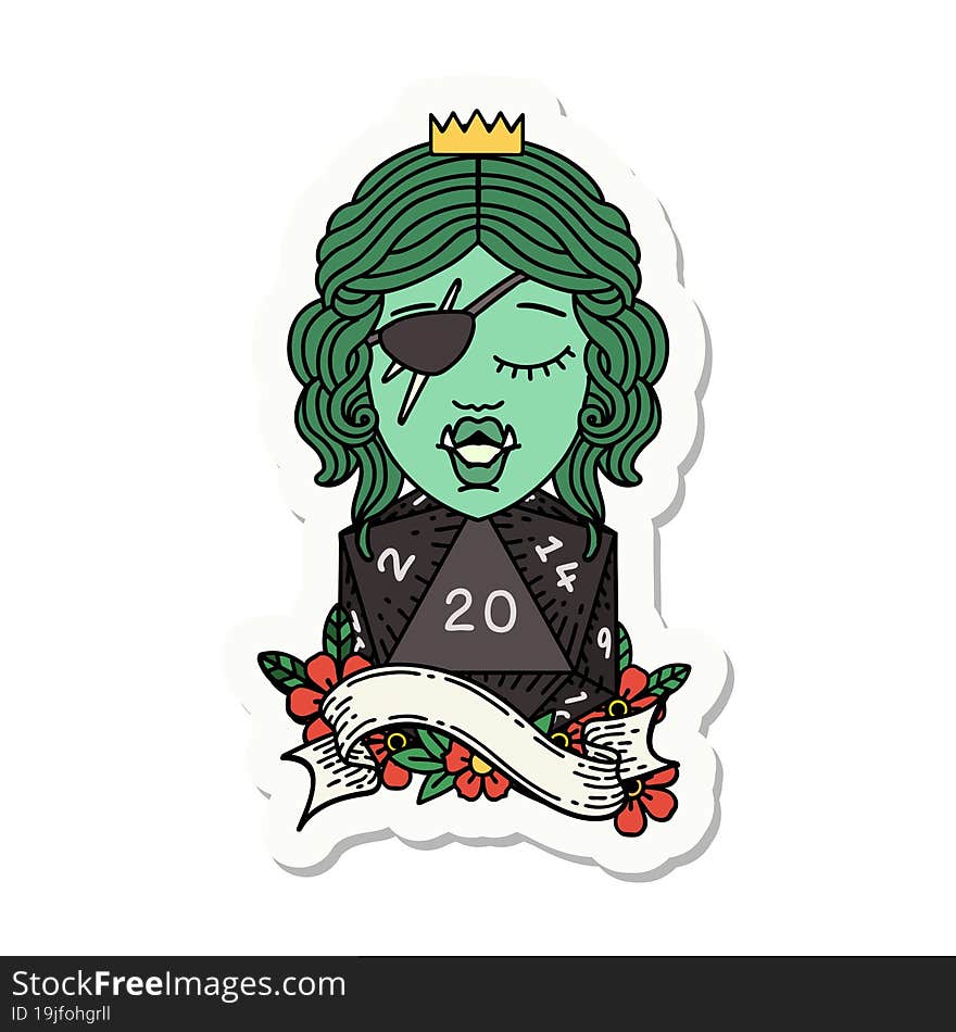 sticker of a orc rogue character with natural twenty dice roll. sticker of a orc rogue character with natural twenty dice roll