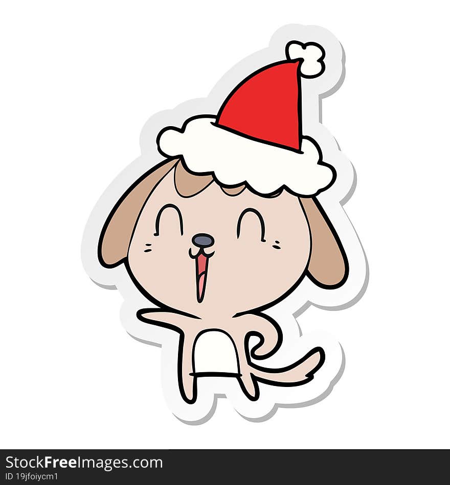 Cute Sticker Cartoon Of A Dog Wearing Santa Hat