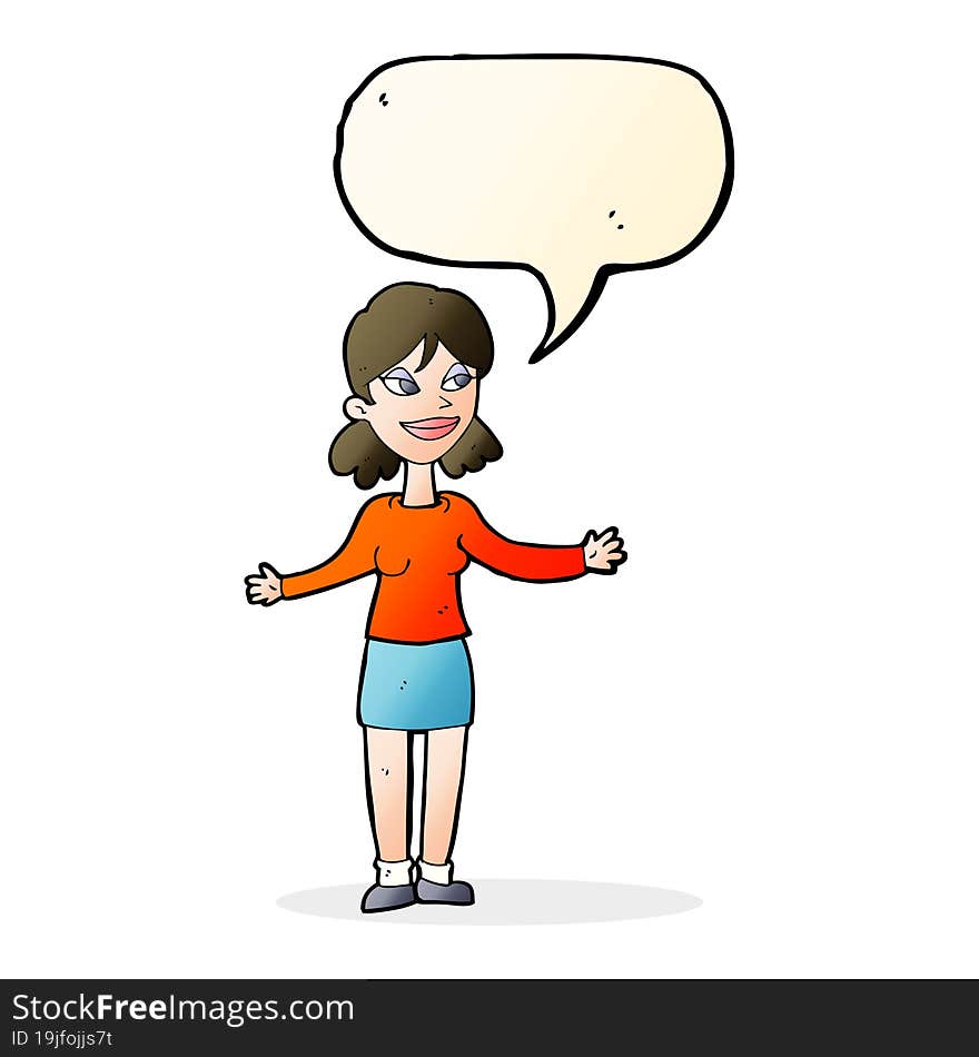 Cartoon Happy Woman Shrugging Shoulders With Speech Bubble