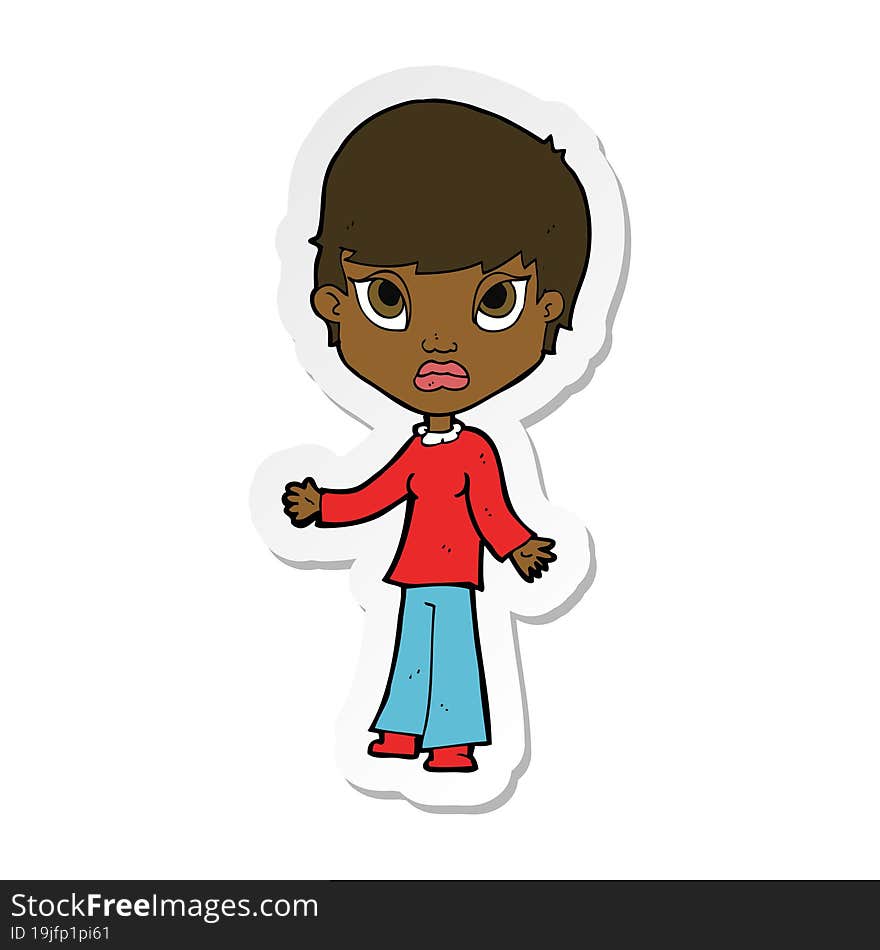 sticker of a cartoon woman shrugging shoulders