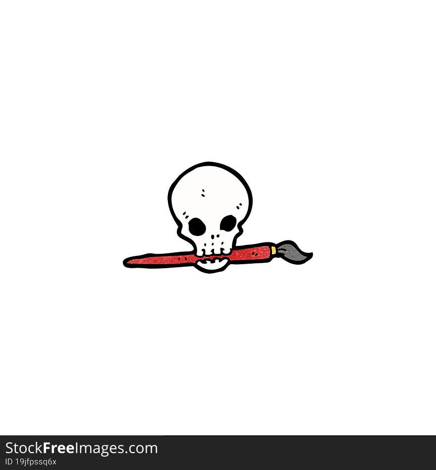 cartoon skull holding paintbrush in mouth