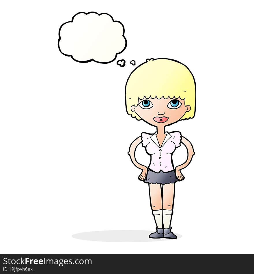 cartoon woman with hands on hips with thought bubble