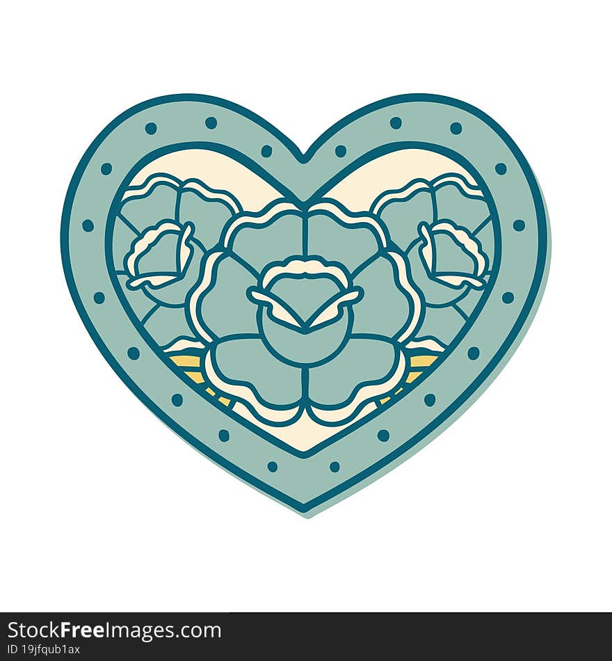 sticker of tattoo in traditional style of a heart and flowers. sticker of tattoo in traditional style of a heart and flowers