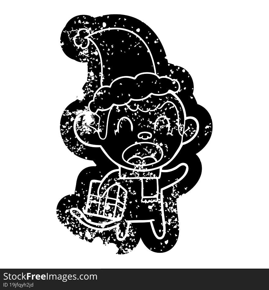 shouting cartoon distressed icon of a monkey carrying christmas gift wearing santa hat