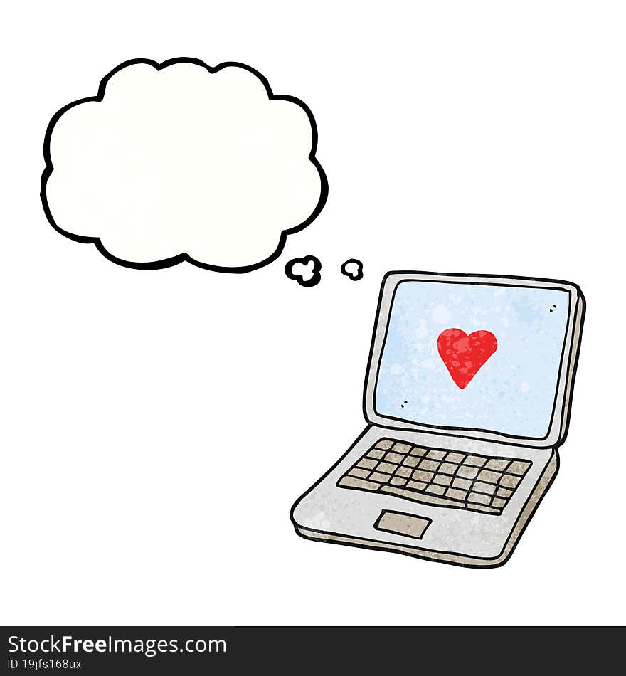 freehand drawn thought bubble textured cartoon laptop computer with heart symbol on screen