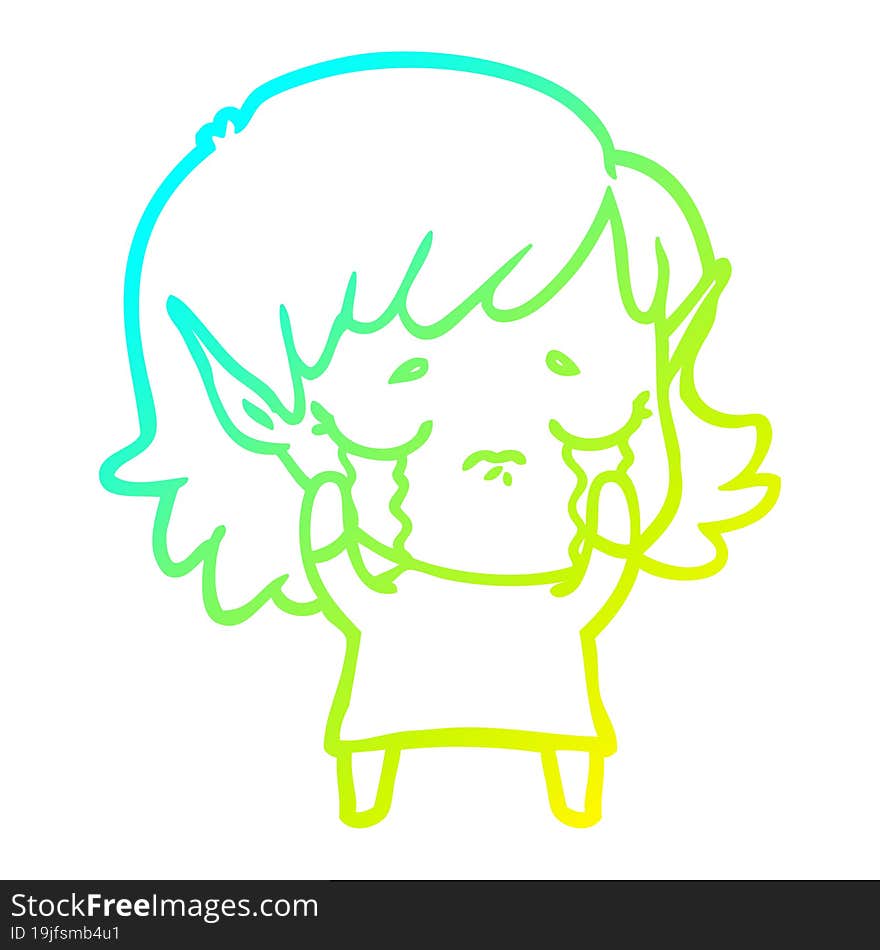 Cold Gradient Line Drawing Cartoon Crying Elf Girl