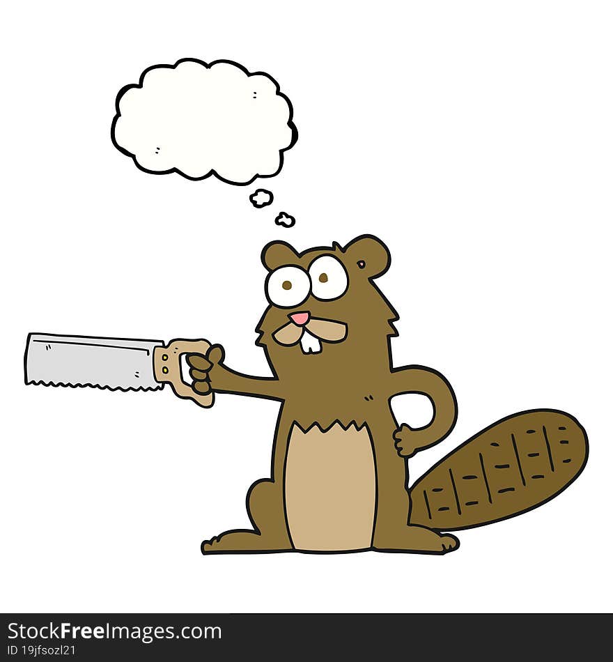 thought bubble cartoon beaver with saw