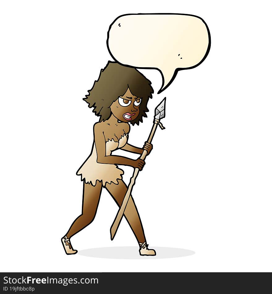 cartoon cave girl with speech bubble