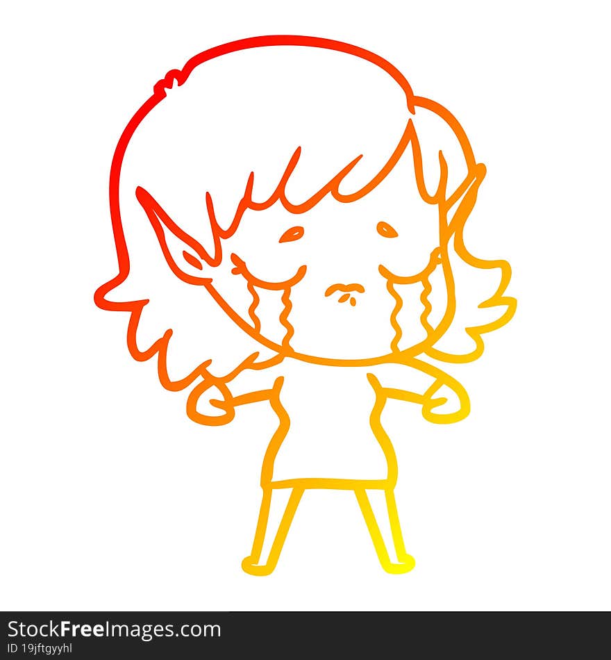 warm gradient line drawing of a cartoon crying elf girl