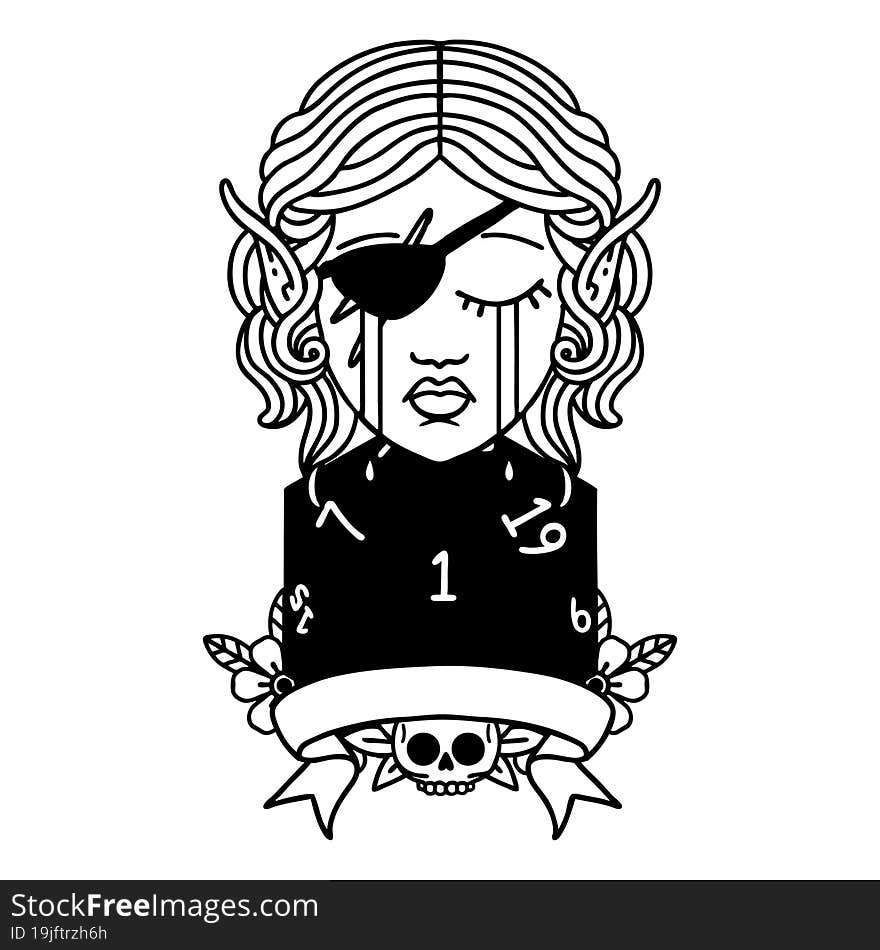 Black and White Tattoo linework Style crying elf rogue character with natural one D20 roll. Black and White Tattoo linework Style crying elf rogue character with natural one D20 roll