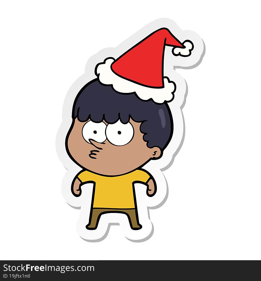 Sticker Cartoon Of A Curious Boy Wearing Santa Hat