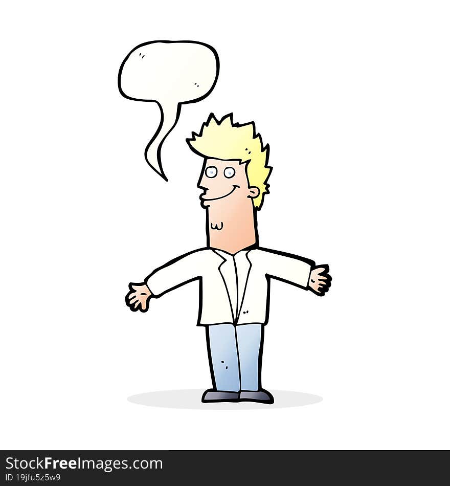 cartoon happy man with open arms with speech bubble