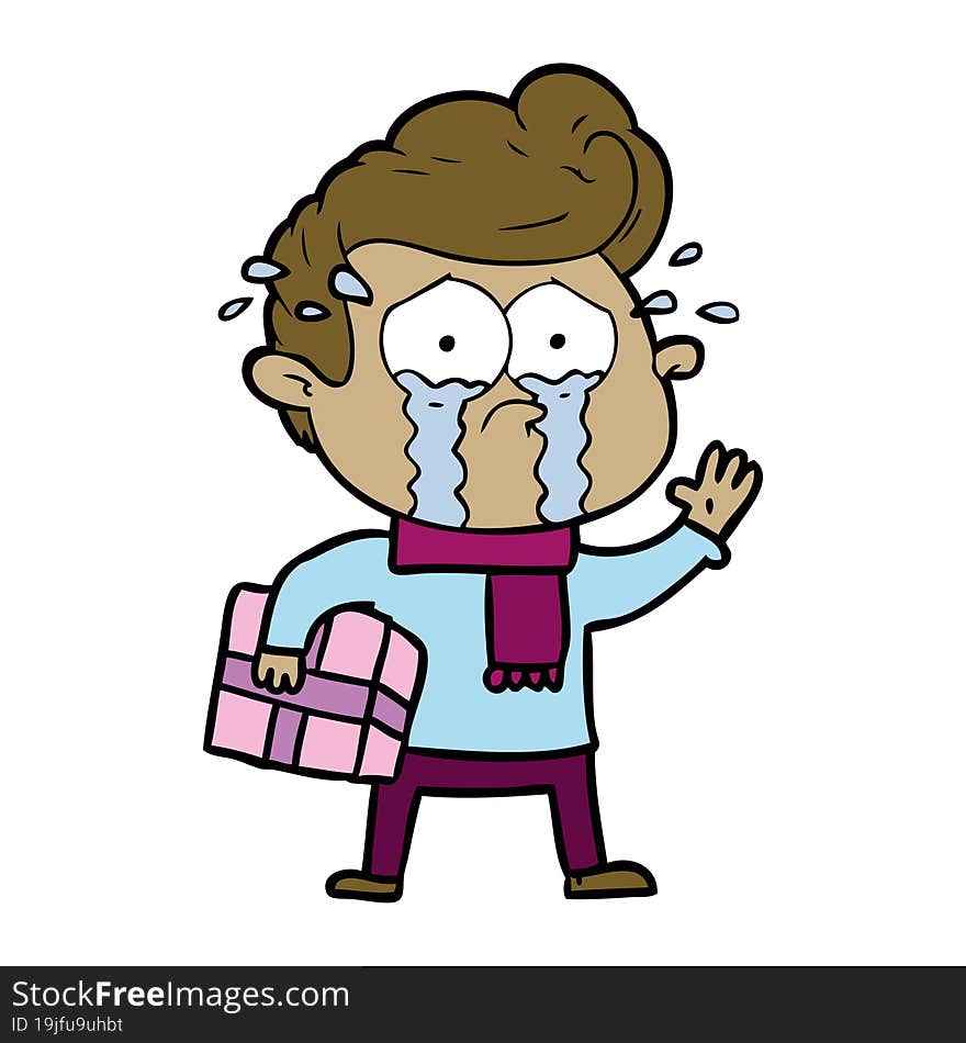 cartoon crying man with present. cartoon crying man with present