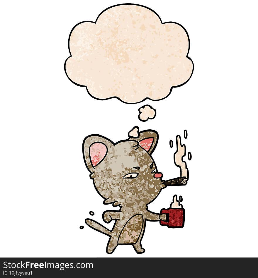 Cartoon Cat With Coffee And Cigar And Thought Bubble In Grunge Texture Pattern Style