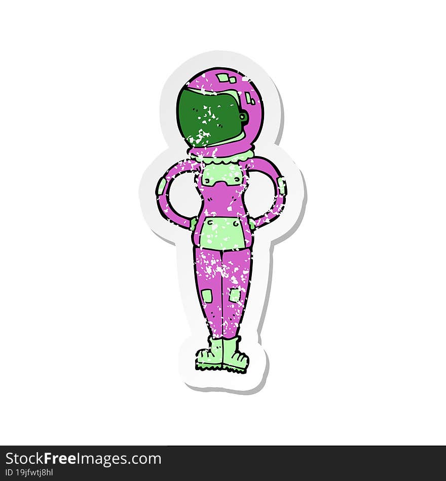 retro distressed sticker of a cartoon female astronaut