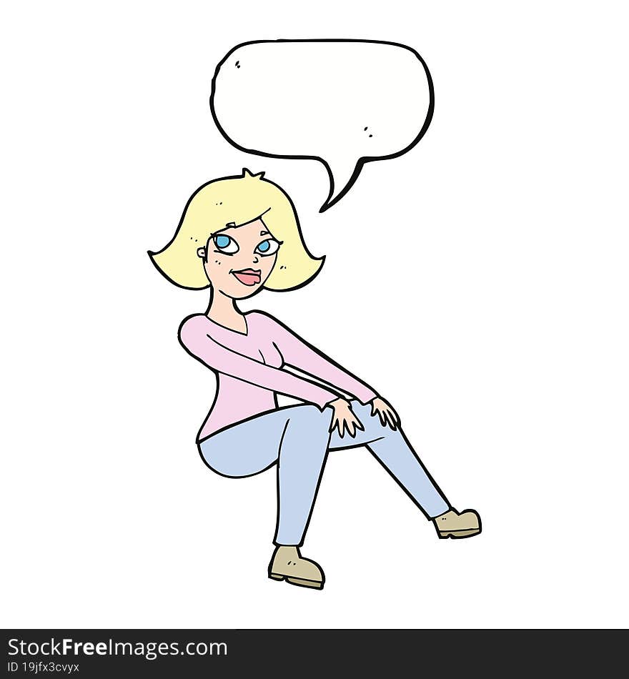 cartoon happywoman sitting with speech bubble