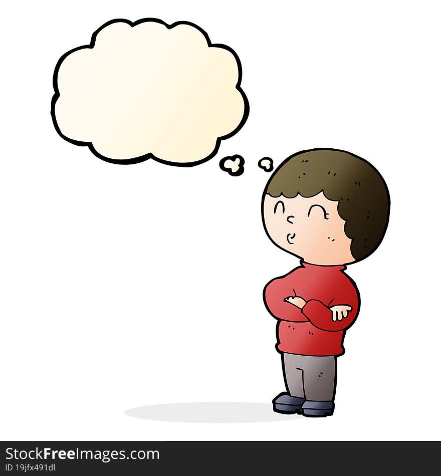 cartoon boy with folded arms with thought bubble