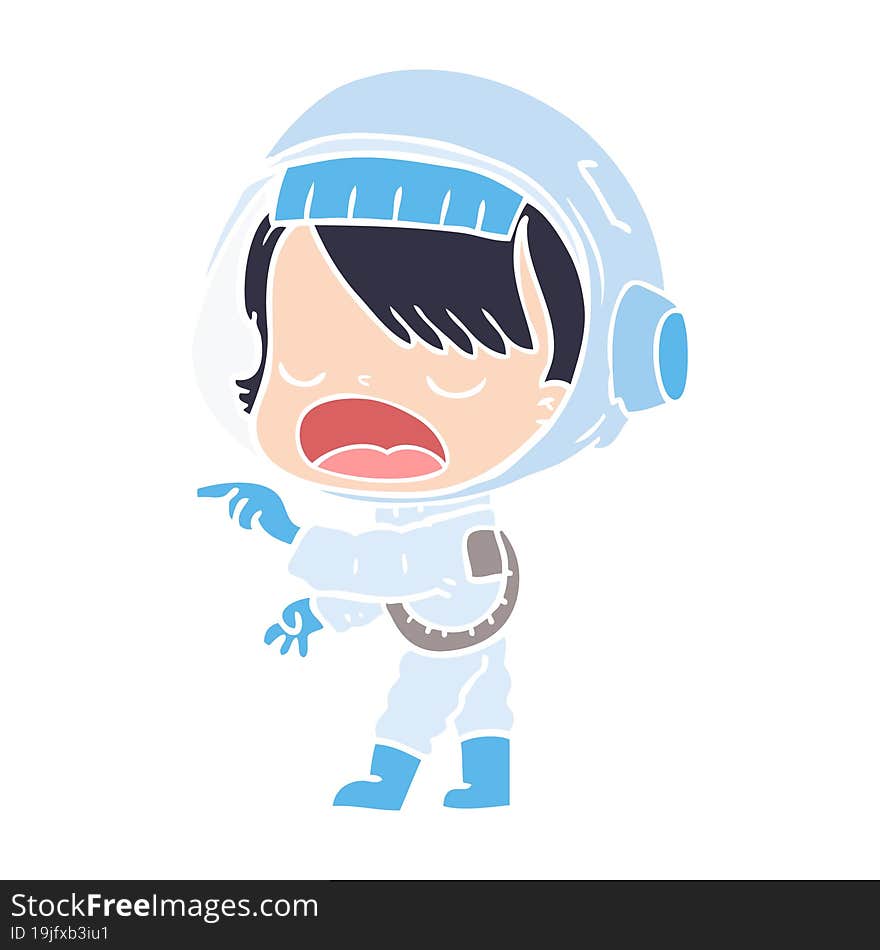 flat color style cartoon astronaut woman pointing and talking