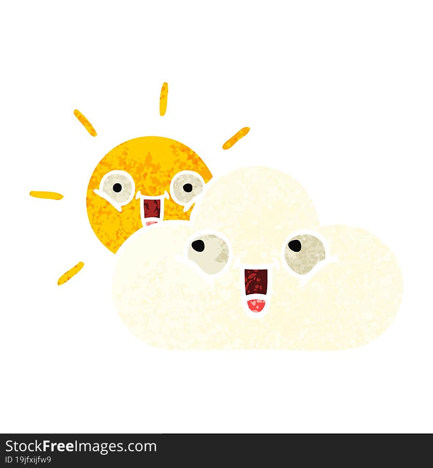 retro illustration style cartoon of a sunshine and cloud