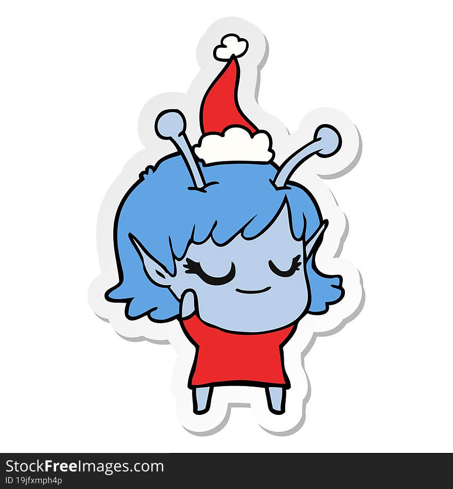 smiling alien girl sticker cartoon of a wearing santa hat