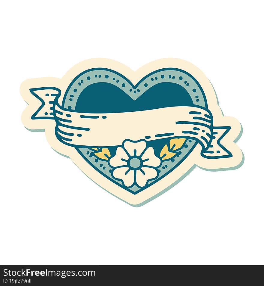 Tattoo Style Sticker Of A Heart And Banner With Flowers