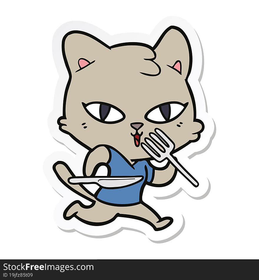 Sticker Of A Cartoon Hungry Cat