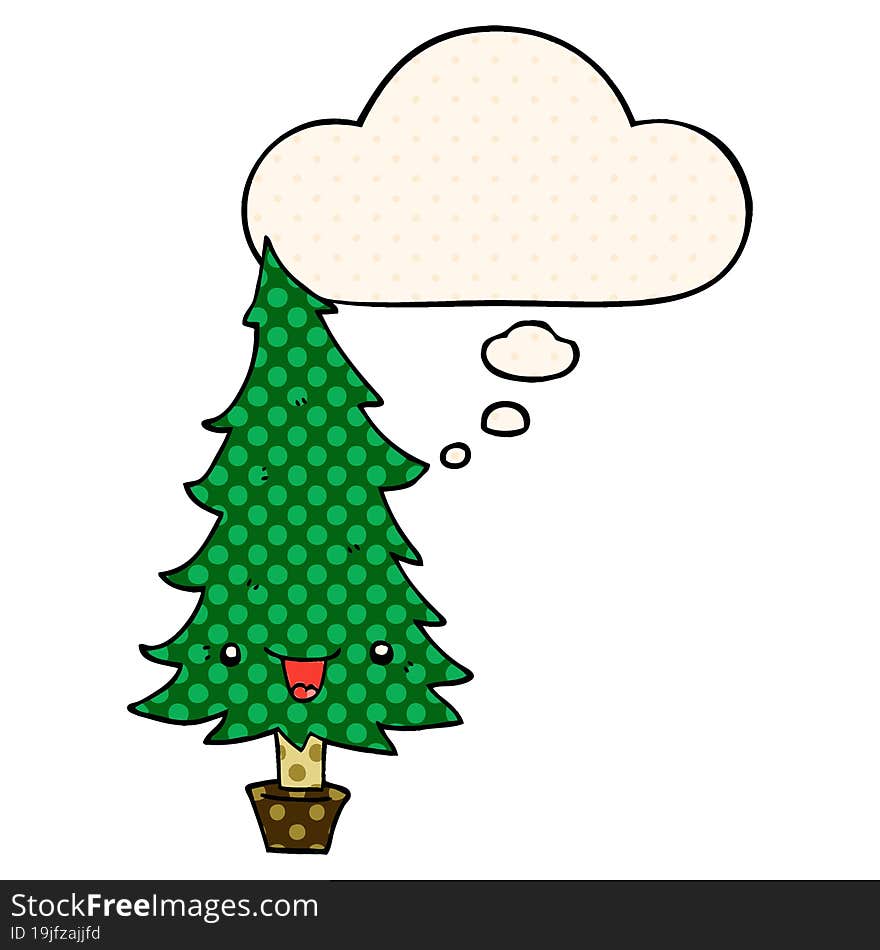 cute cartoon christmas tree and thought bubble in comic book style