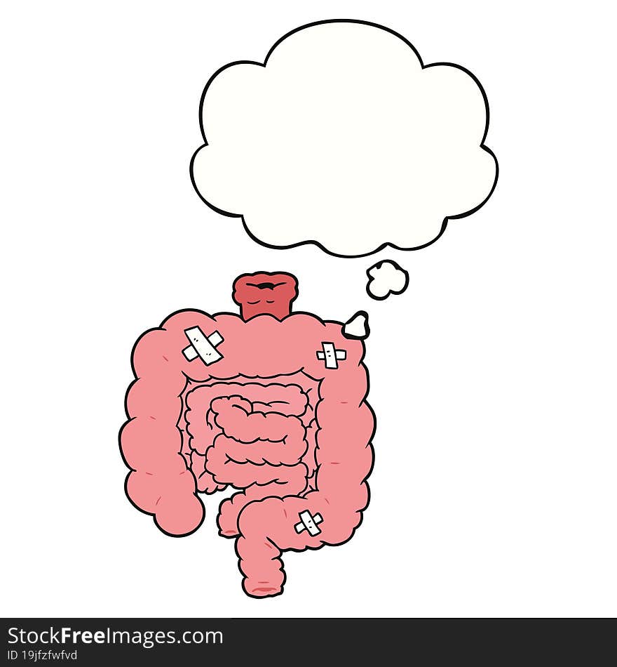 cartoon repaired intestines with thought bubble