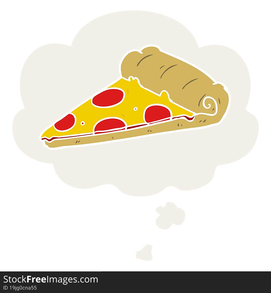 cartoon pizza slice and thought bubble in retro style