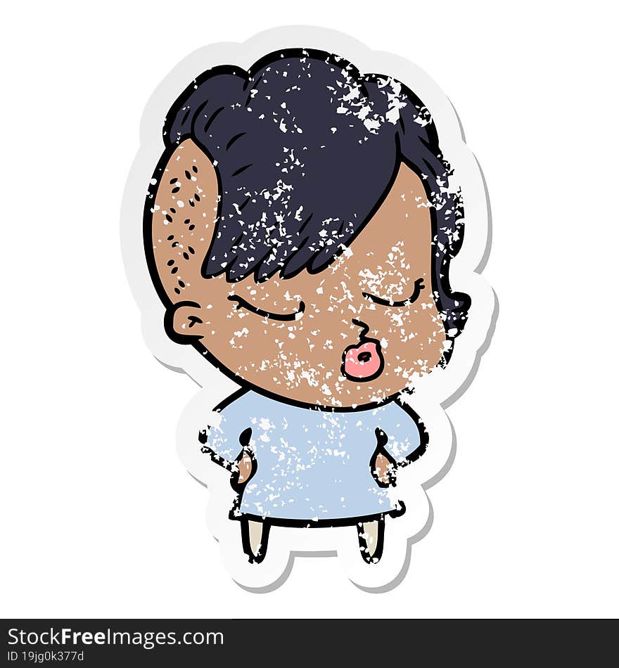 Distressed Sticker Of A Cartoon Pretty Hipster Girl