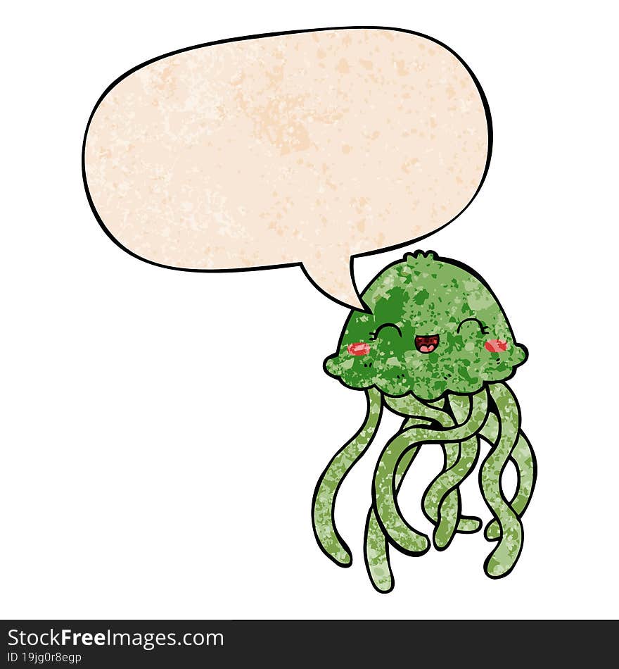 cute cartoon jellyfish and speech bubble in retro texture style