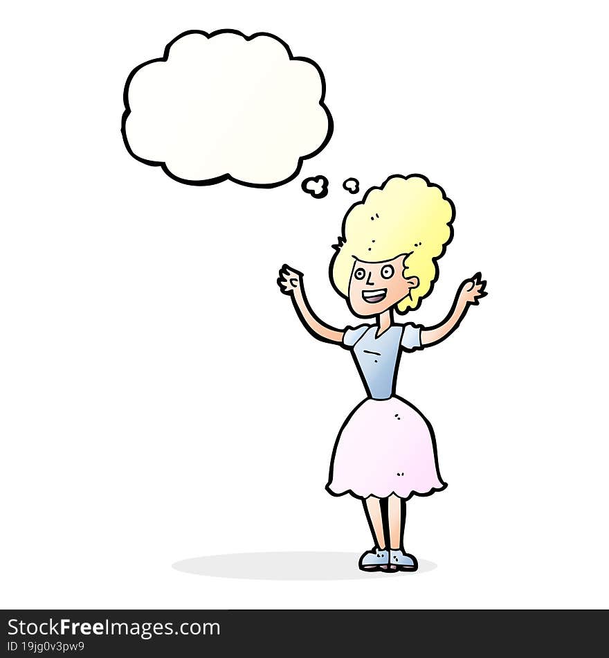 cartoon happy 1950 s woman with thought bubble