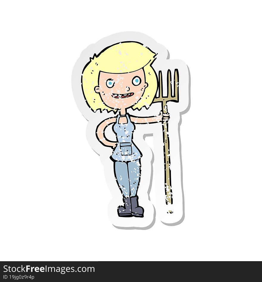 Retro Distressed Sticker Of A Cartoon Happy Farmer Girl