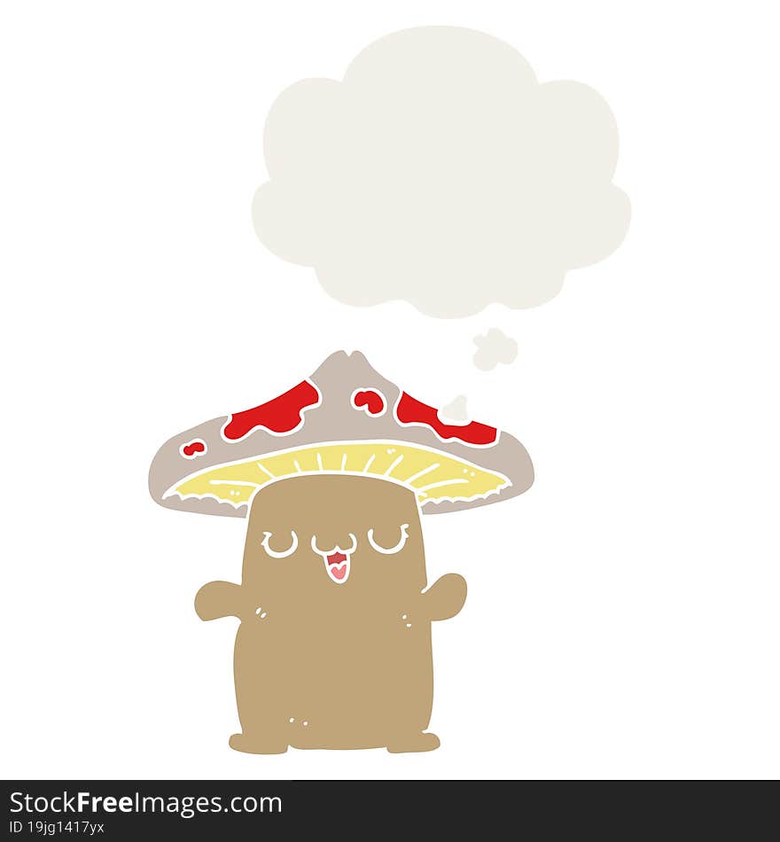 cartoon mushroom creature with thought bubble in retro style